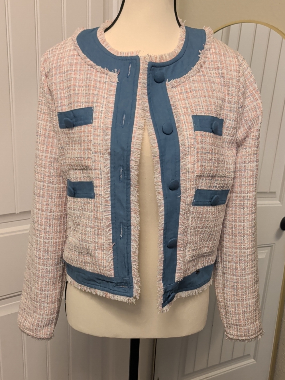 EXIT Pink Tweed Frayed Jacket with Blue Trim